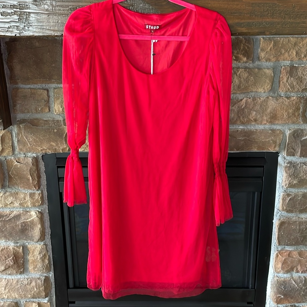 STAUD Cherry Red Organza Mini Dress NWT